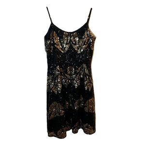 DRESS THE POPULATION Womens Black and gold Nikki Geometric Sequin Dress Size L